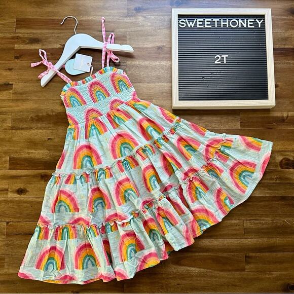 NWT SweetHoney Green Rainbow Sleeveless Spaghetti Strap Maxi Tiered Beach Dress - Picture 1 of 8